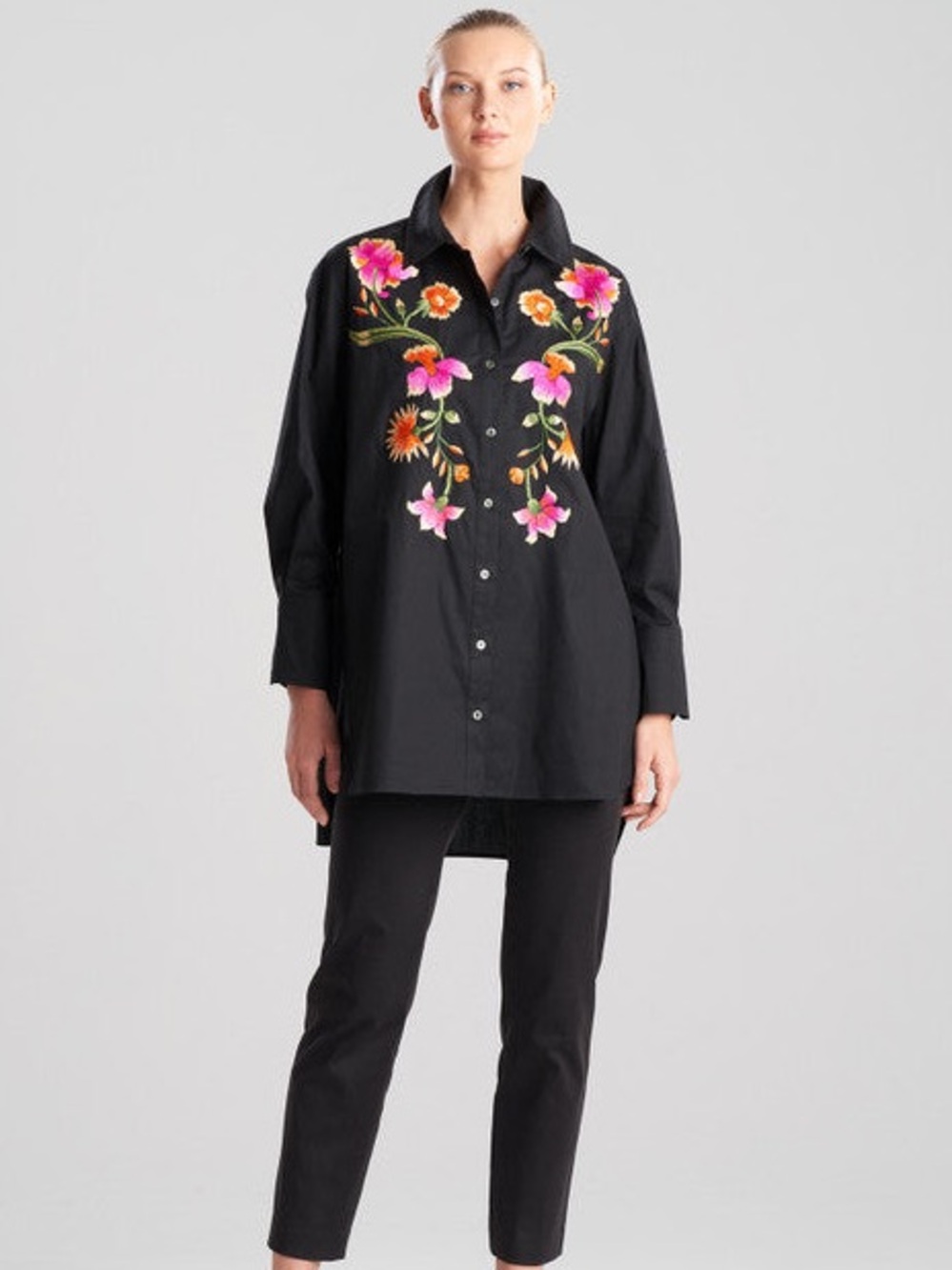 Natori Chikayo Cotton Poplin Oversized Embroidered Shirt